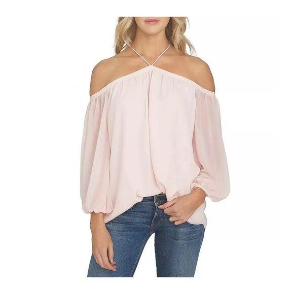 1 STATE Medium Pale Pink Sheer Blouse Off-The-Shoulder Halter Neck 3/4 Sleeve - Picture 1 of 8